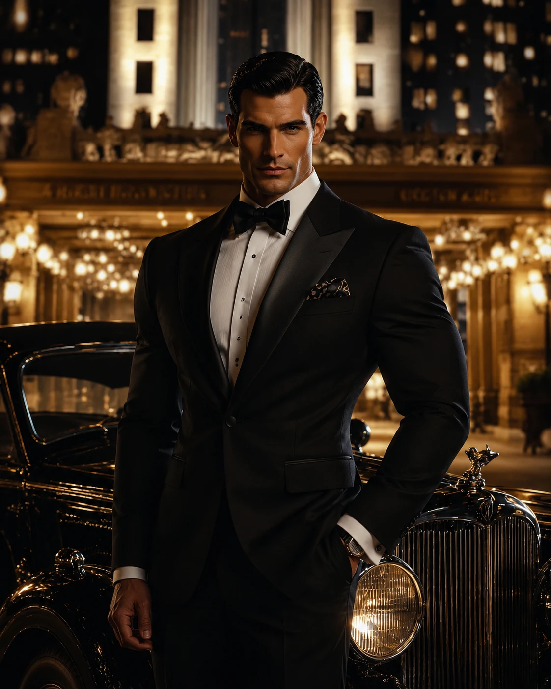 Handsome muscular man in a refined black tuxedo