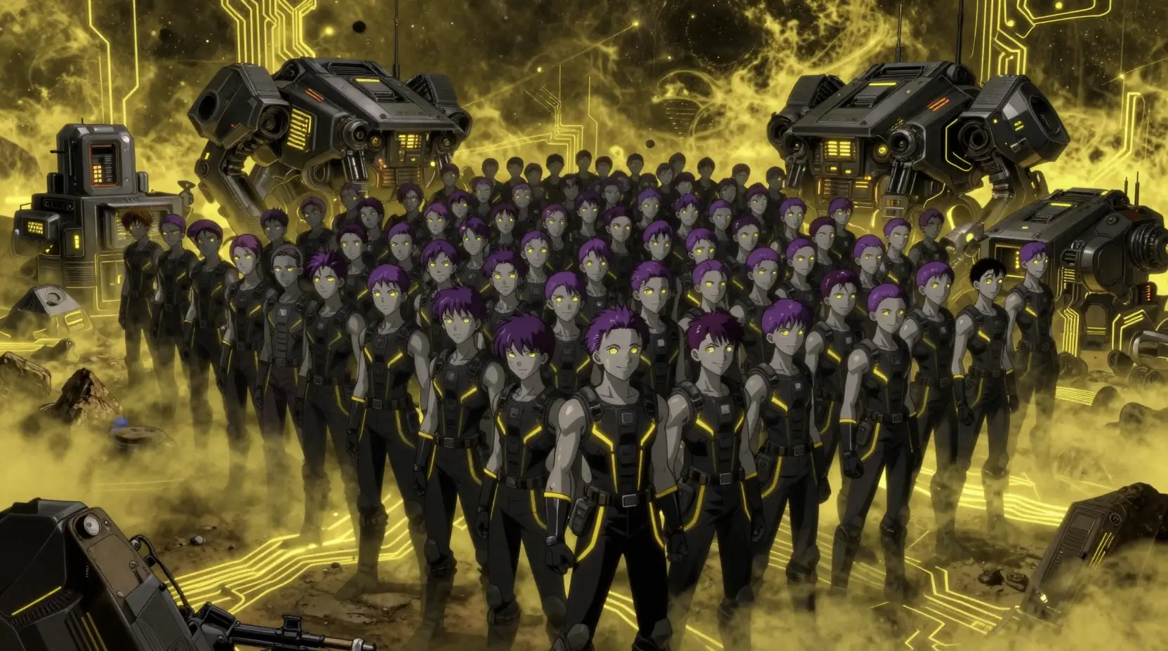 Teenage sci fi warriors on a vast mechanical battlefield