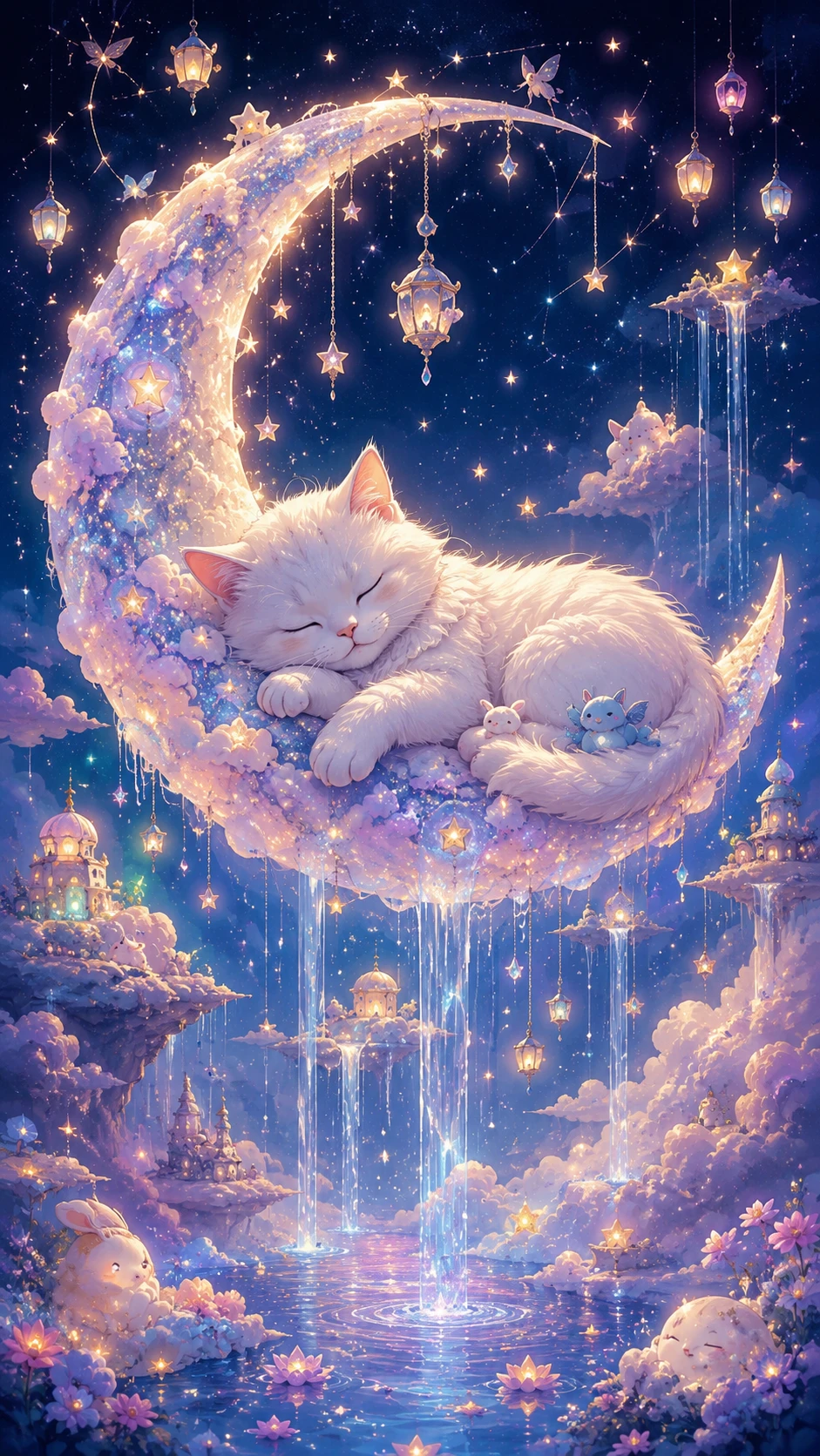 Gato branco dormindo em uma lua crescente no céu dos sonhos