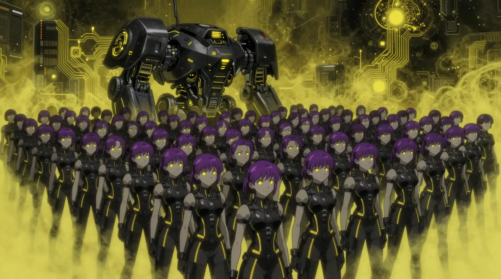Futuristic teenage girls in black armor with neon yellow glow
