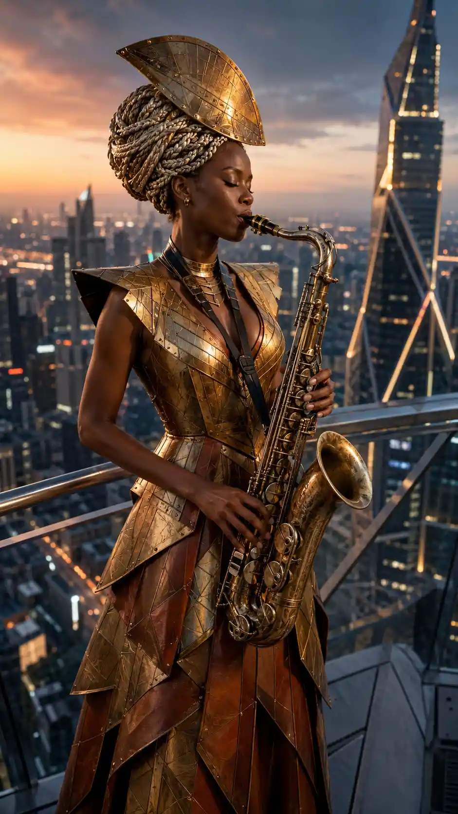 Saxophoniste jouant sur un toit de ville au crépuscule