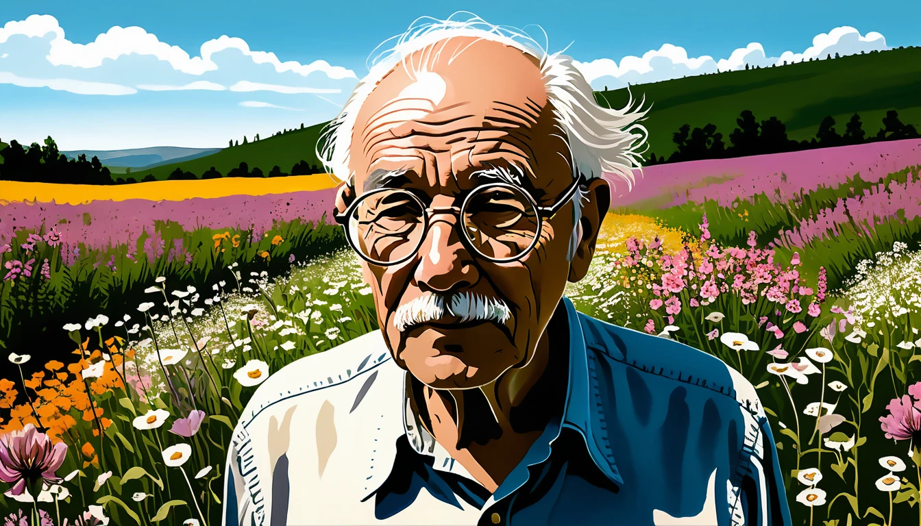 Idoso de Óculos Redondos Observando um Campo de Flores Silvestres