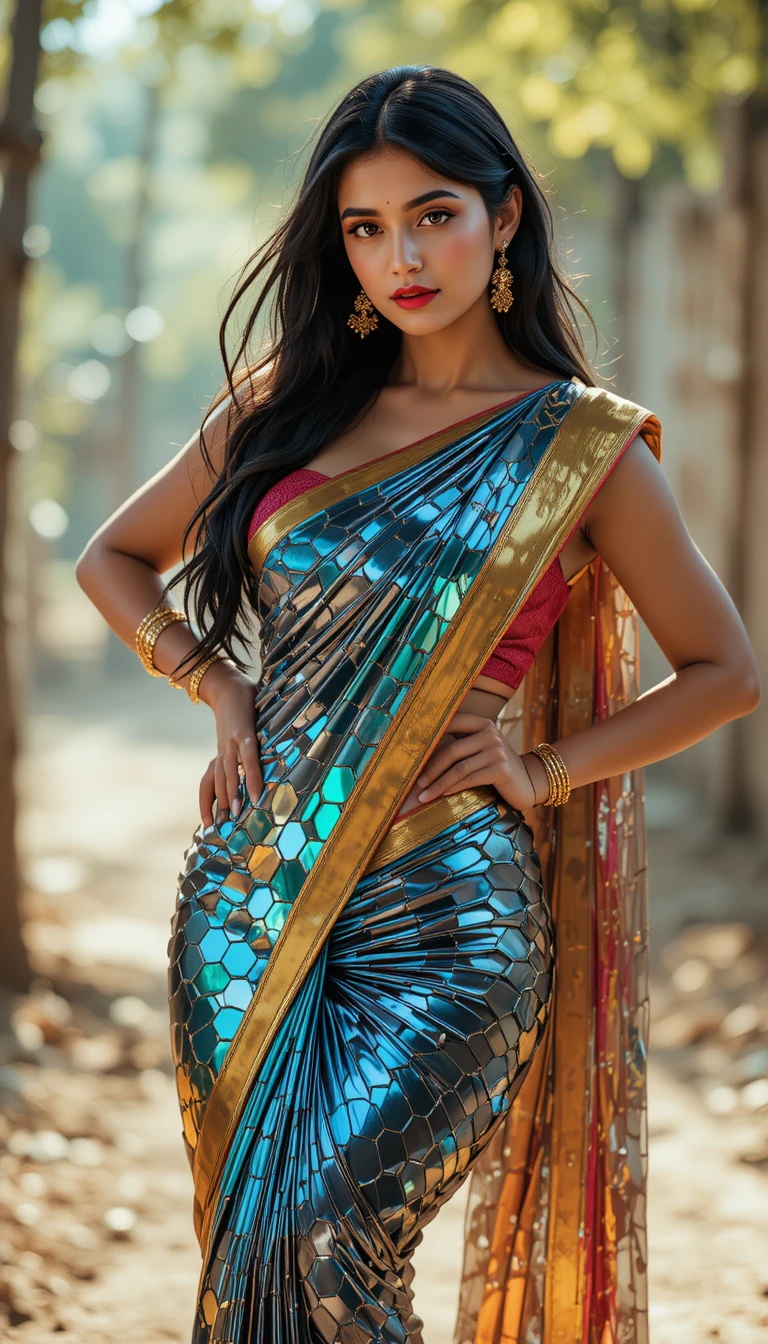 Mulher tâmil em saree espelhado brilhante em pose de corpo inteiro