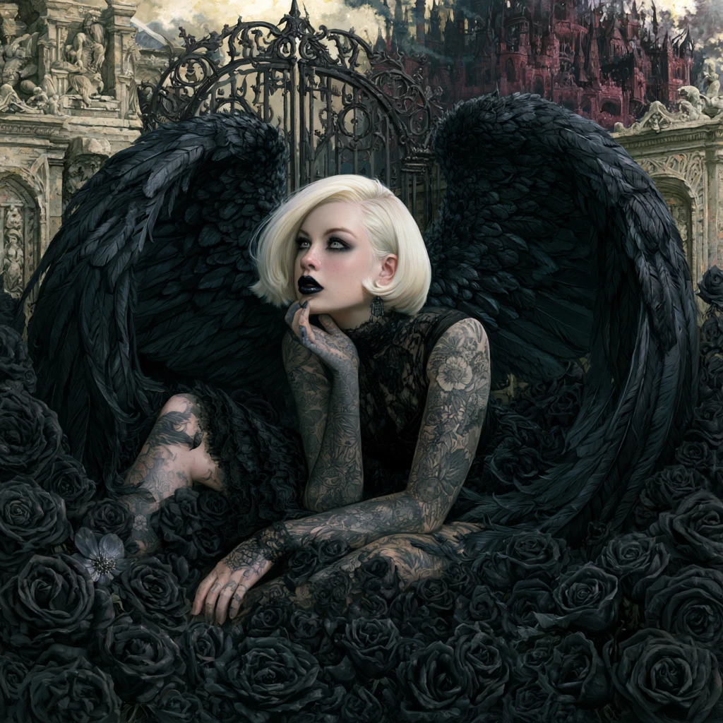 Ange gothique aux ailes noires reposant dans un jardin de roses sombres