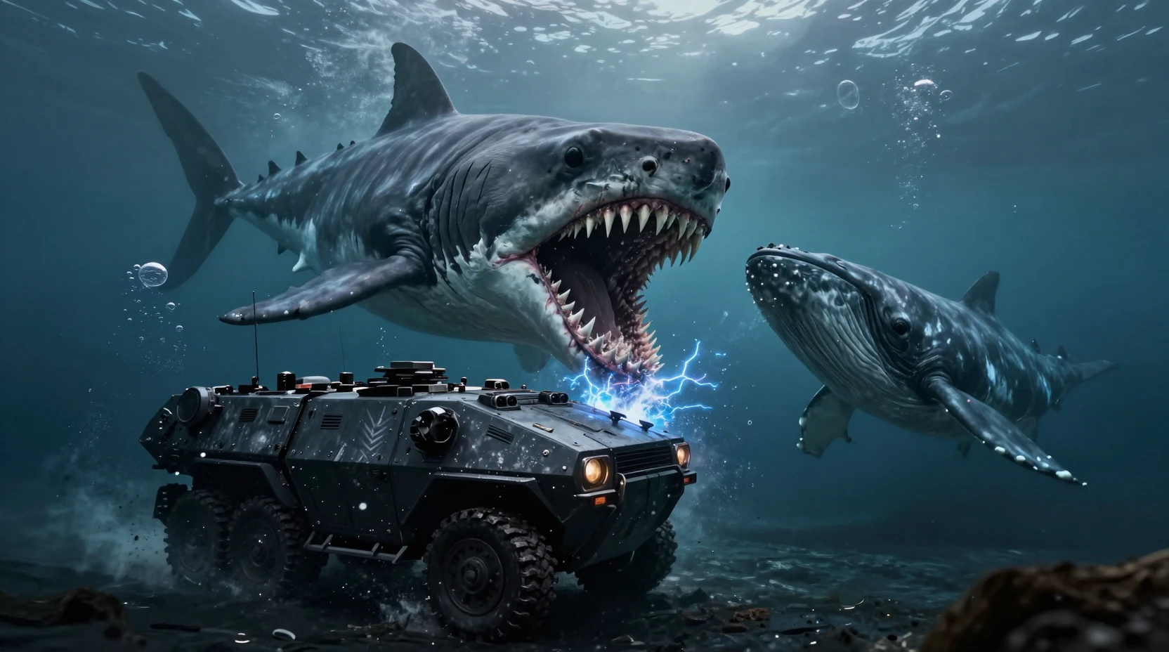 Giant megalodon attacking armored vehicle in dark ocean
