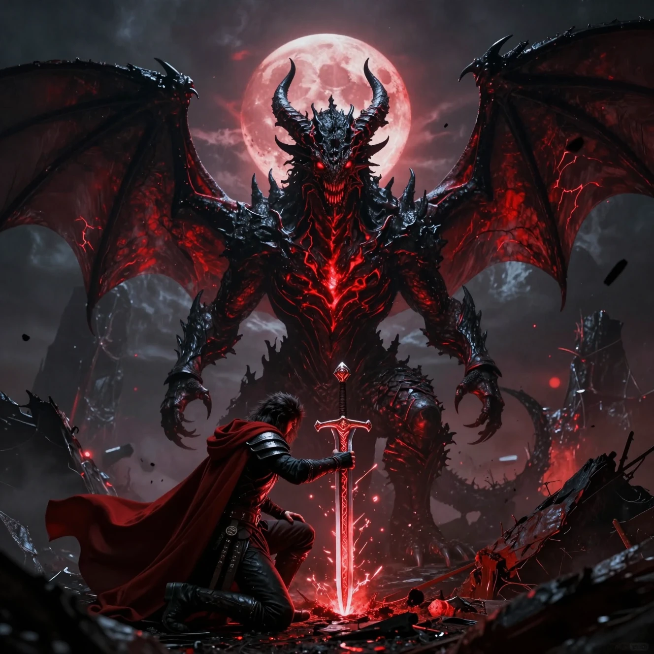 Demonic dragon towers over kneeling warrior in hellish ruins