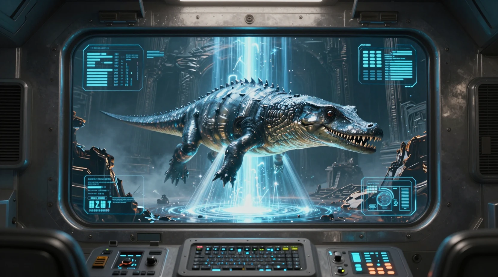 Cabine blindada futurista com holograma de dinossauro