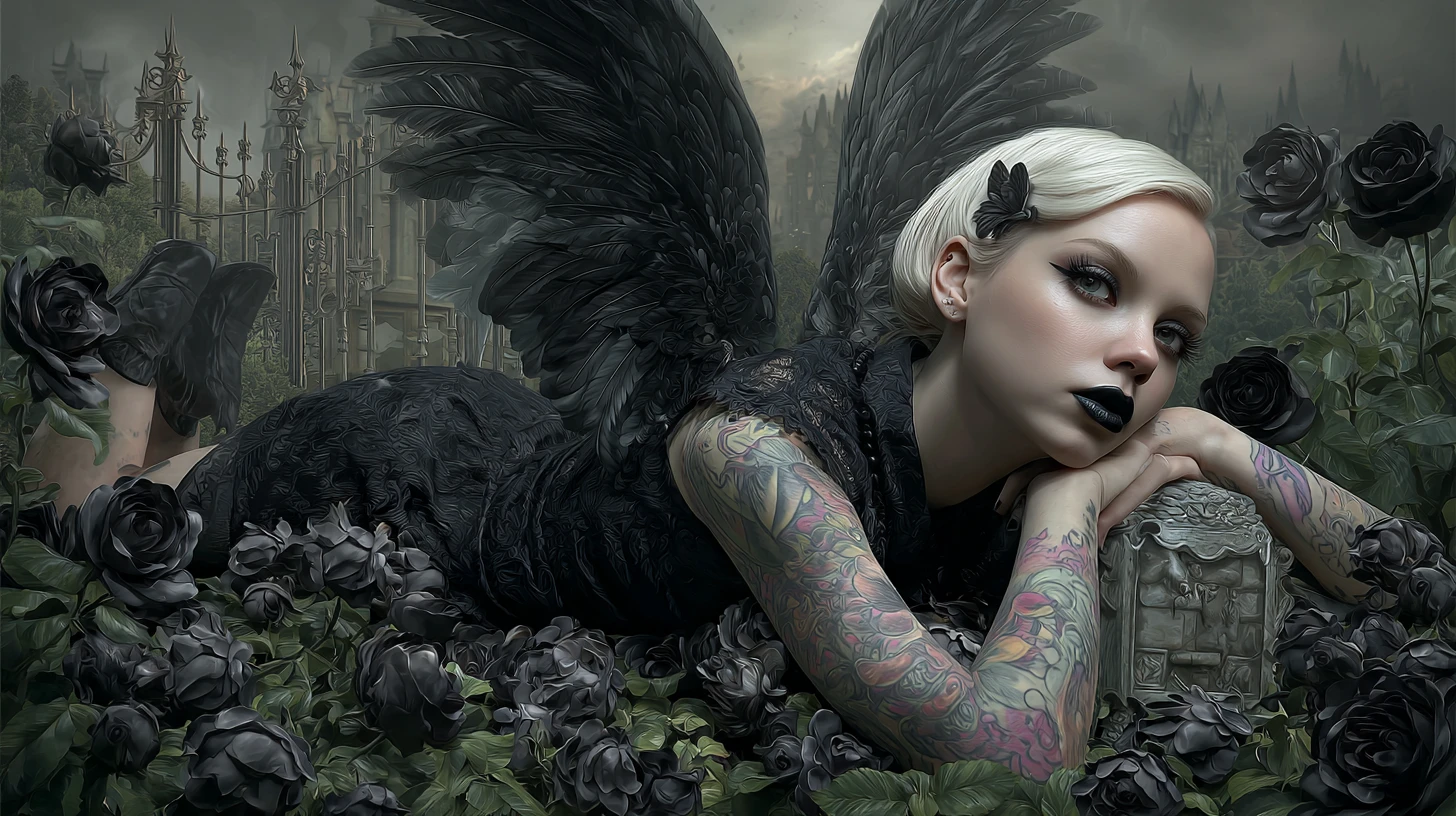Dark winged goth angel resting in black rose garden