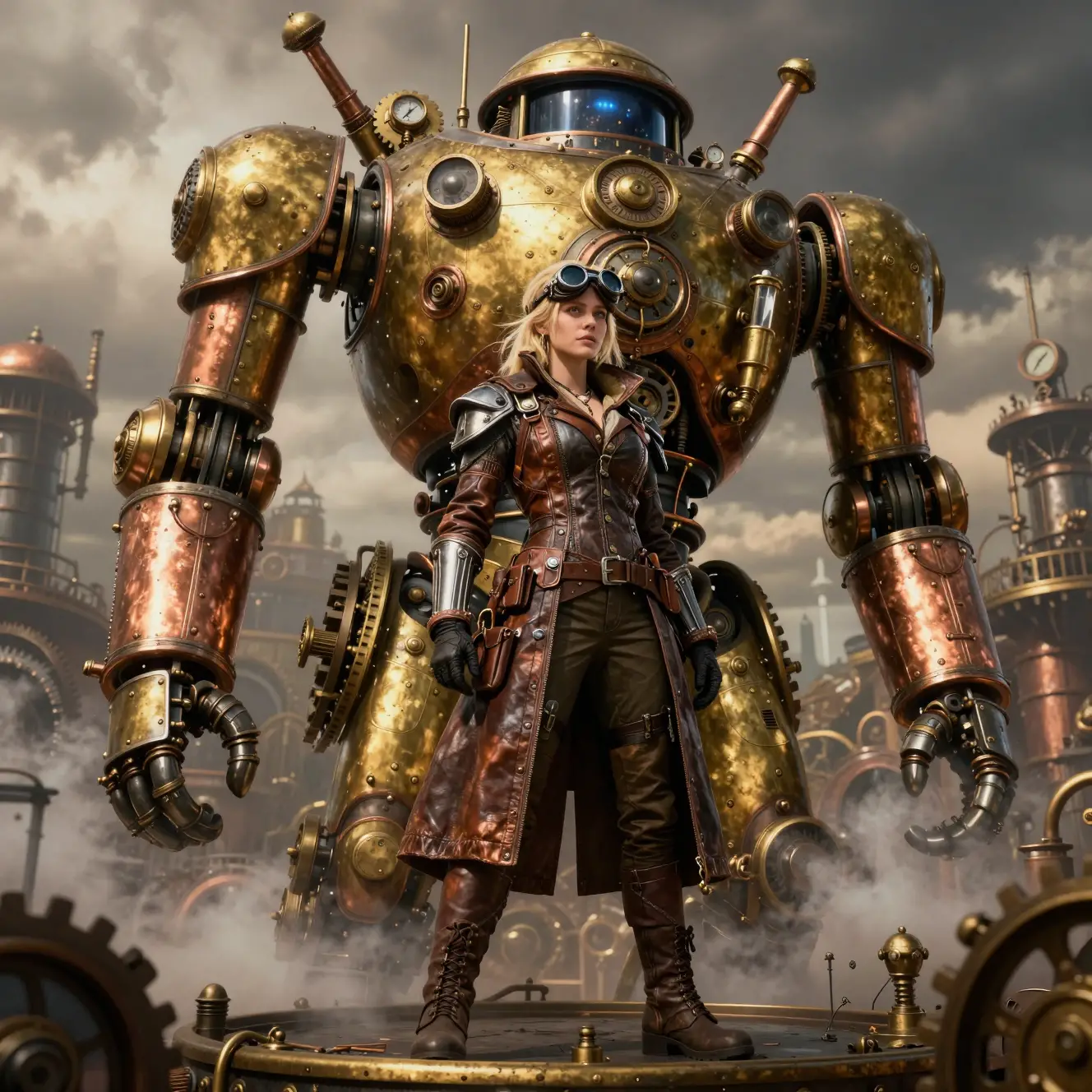 Steampunk heroine before a towering brass war machine