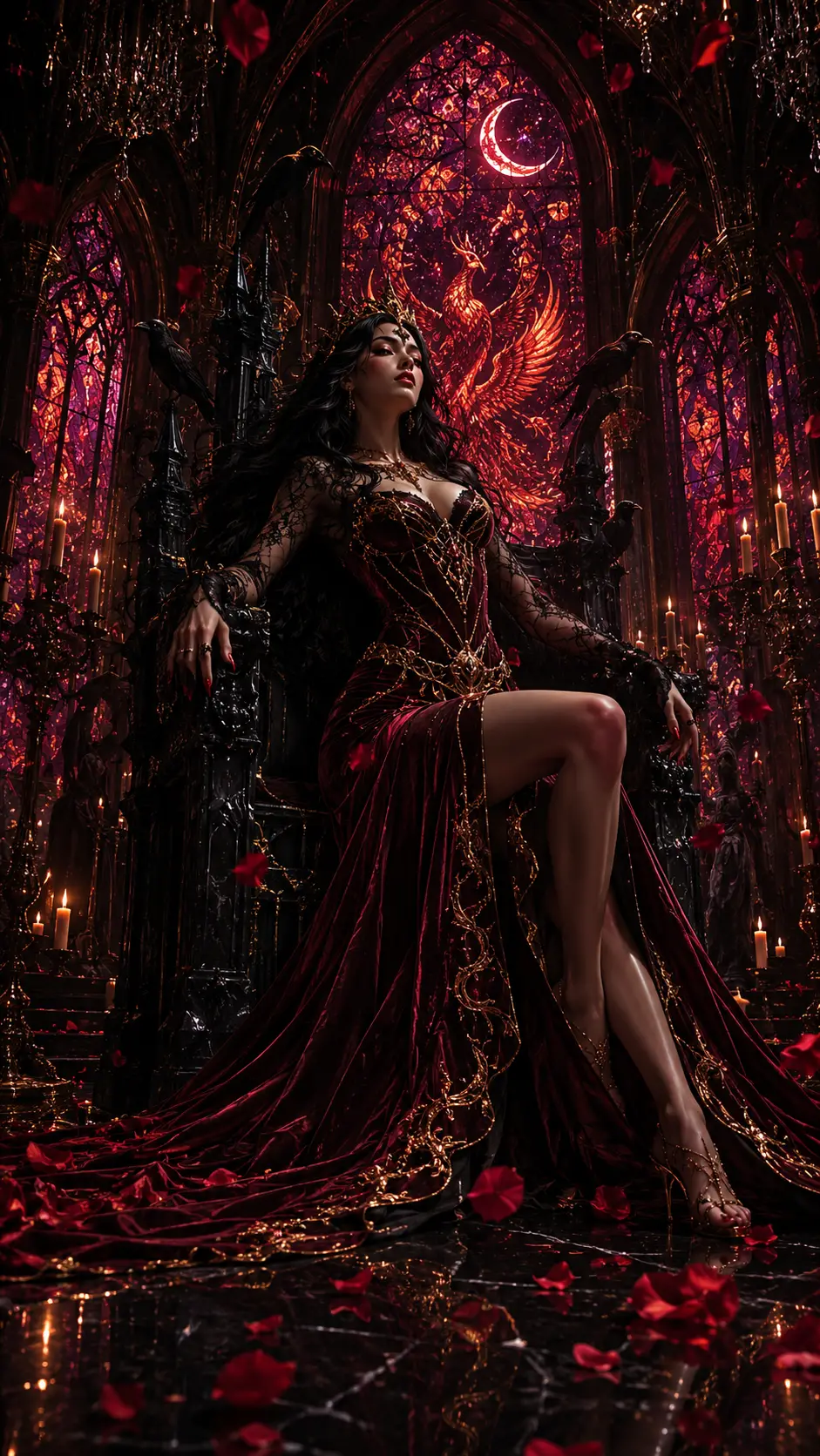 Gothic queen in velvet gown on obsidian throne