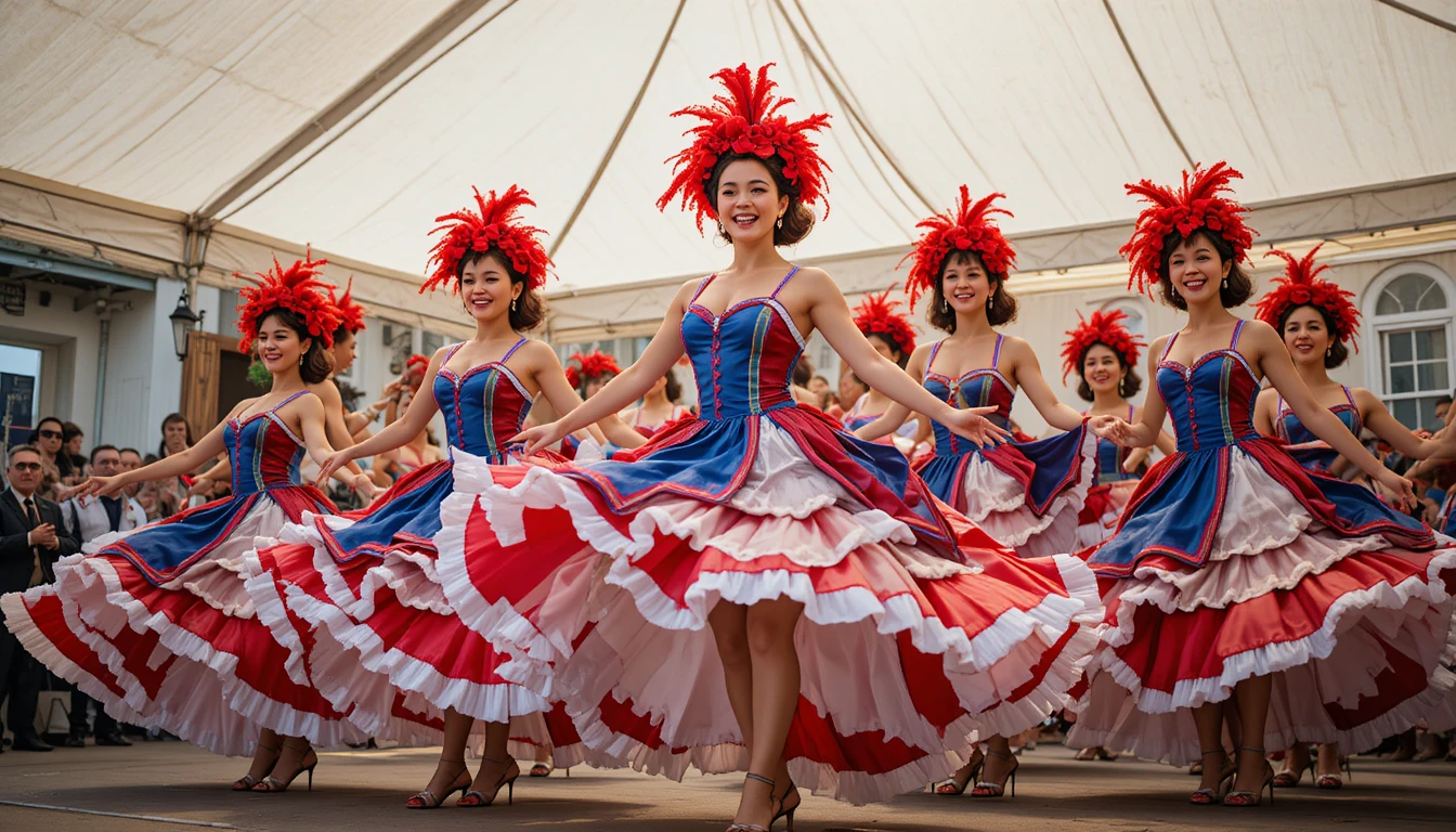 Dançarinas de cancan se apresentando em um palco ao ar livre à luz do dia