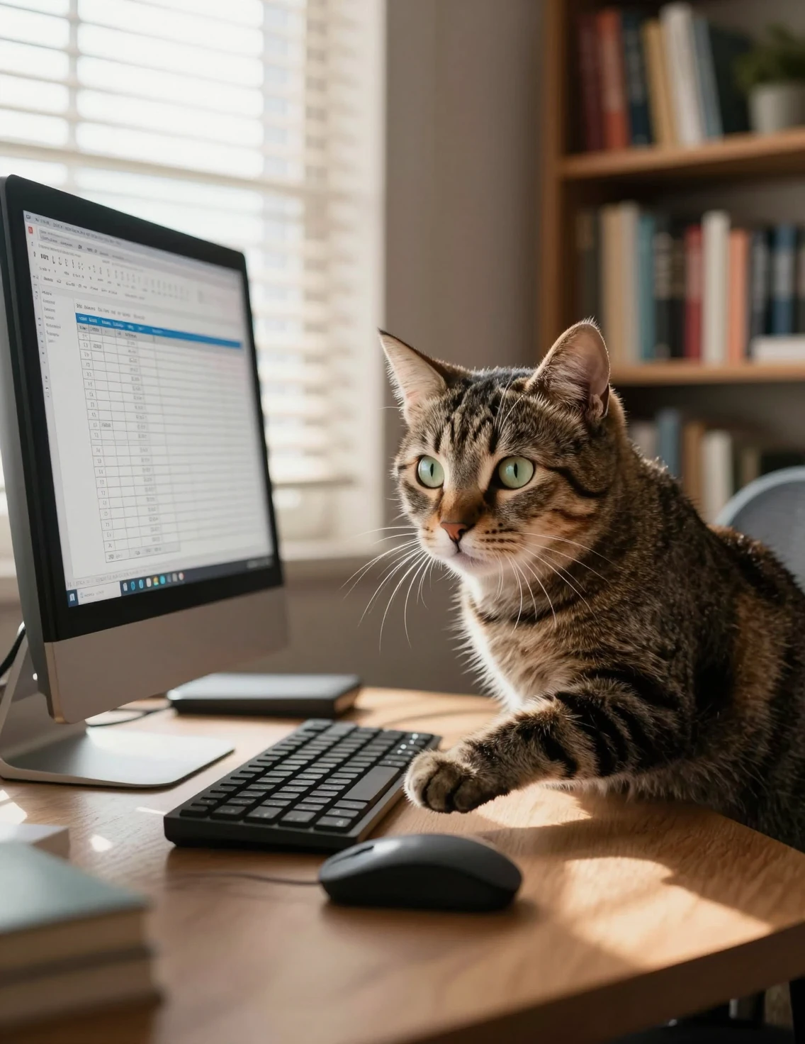 Gato curioso espiando por trás de um monitor em home office