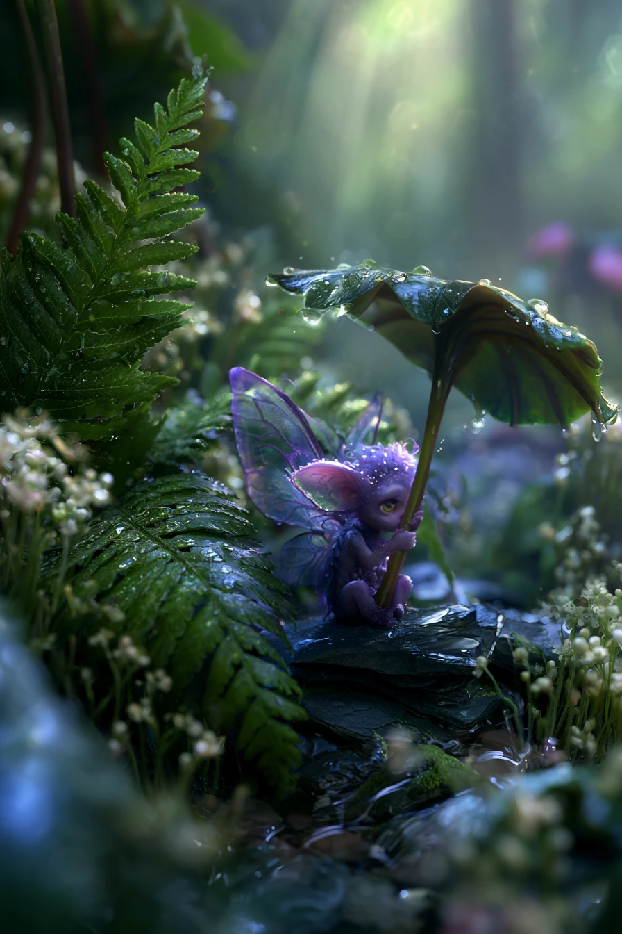 Minuscule fée violette reposant sur une pierre mouillée en forêt