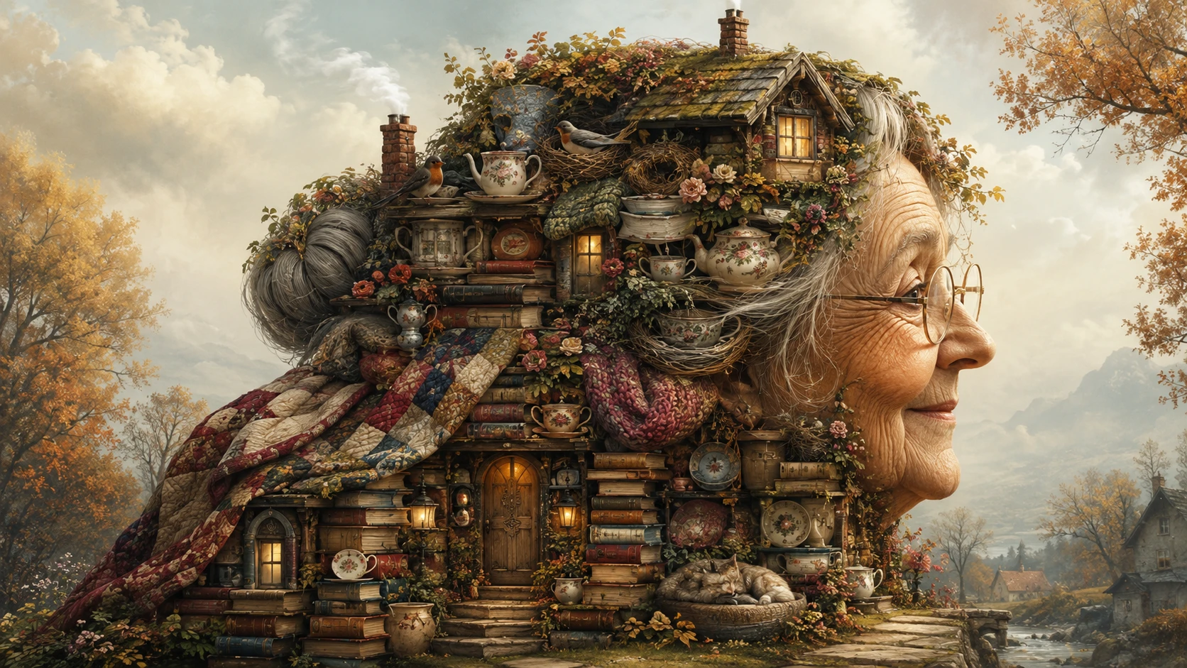 Whimsical book cottage forming a gentle grandmother profile