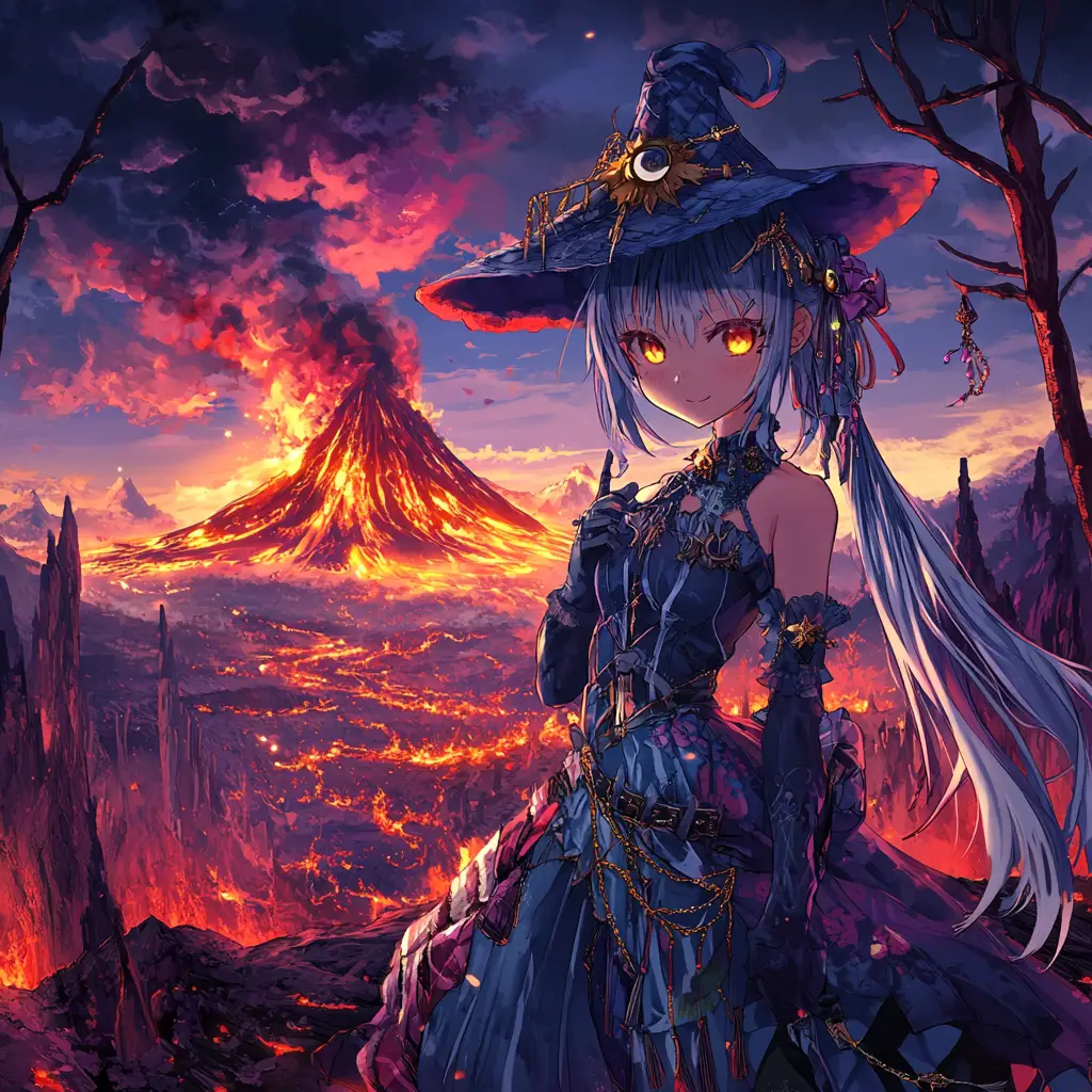 夜の遠くで噴火する火山の前に立つアニメ少女