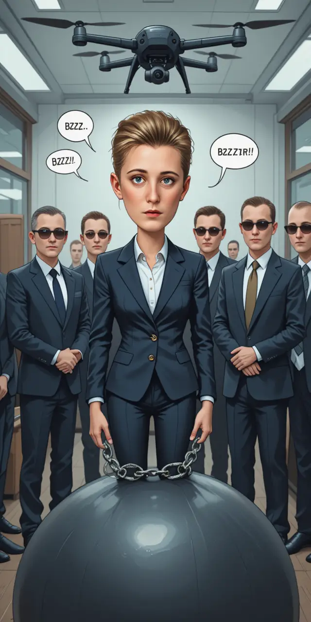 Caricature of chained woman watched by guards indoors
