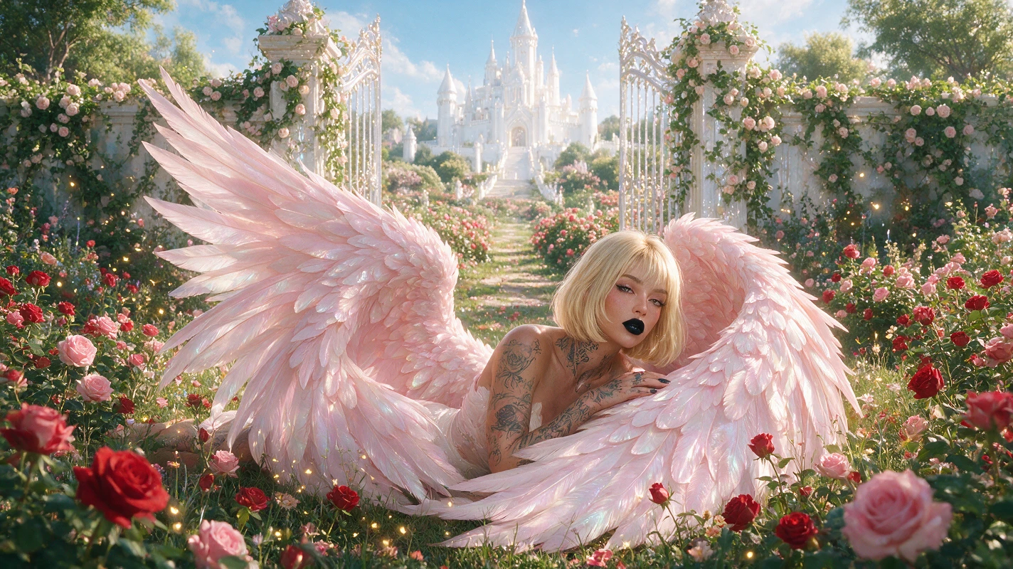 Winged angelic woman resting in a rose garden