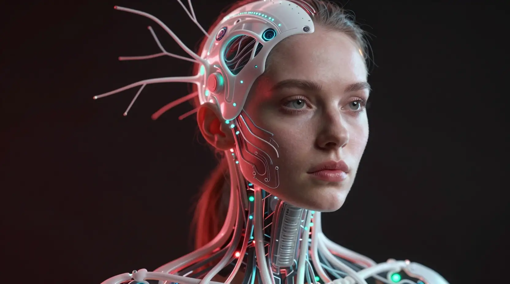 Futuristic european woman fused with glowing cybernetic network