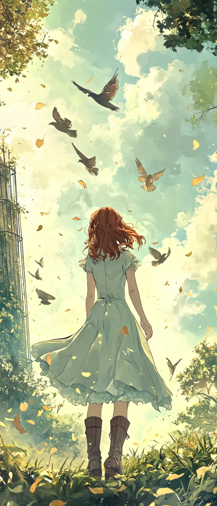 Fille d’anime dans un champ de maïs automnal venteux observant les oiseaux