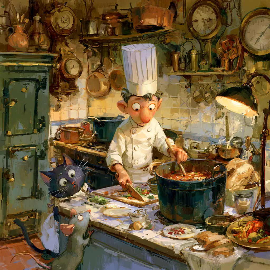 Whimsical chef cooking with cat and mouse in kitchen