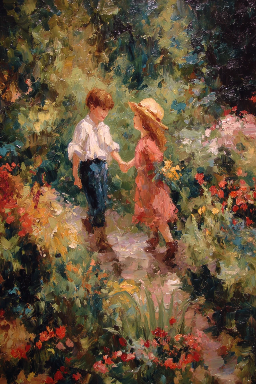 Young boy and girl walking in a dreamy garden