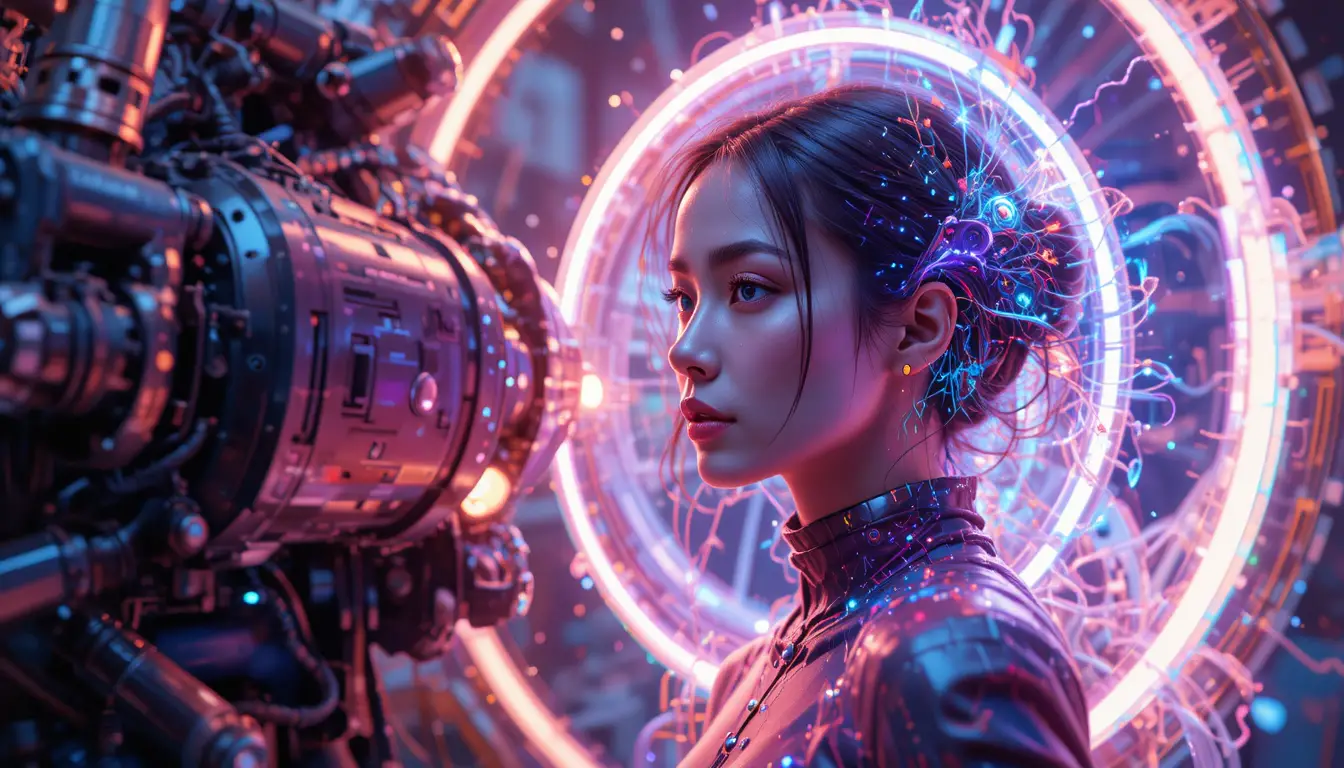 Futuristic woman fused with abstract mechanical forms