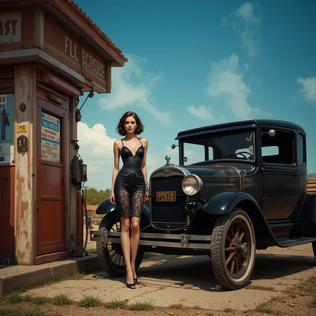 Pin-up vintage em posto de gasolina ao lado de carro clássico