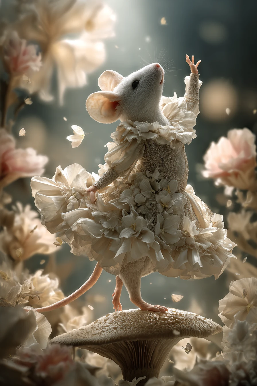 Elegante Maus im Blumenkleid auf einem taufrischen Pilz