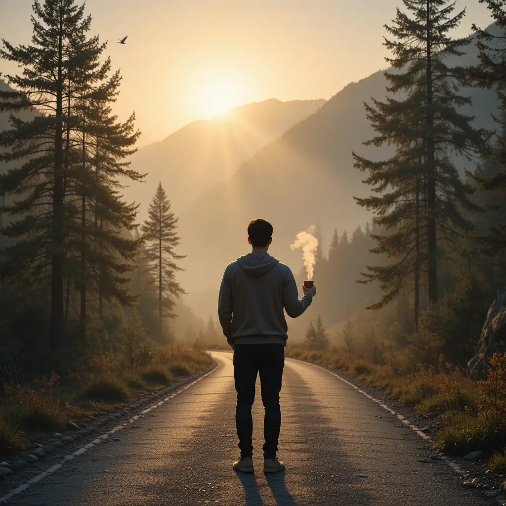 Man with morning coffee on a quiet mountain road