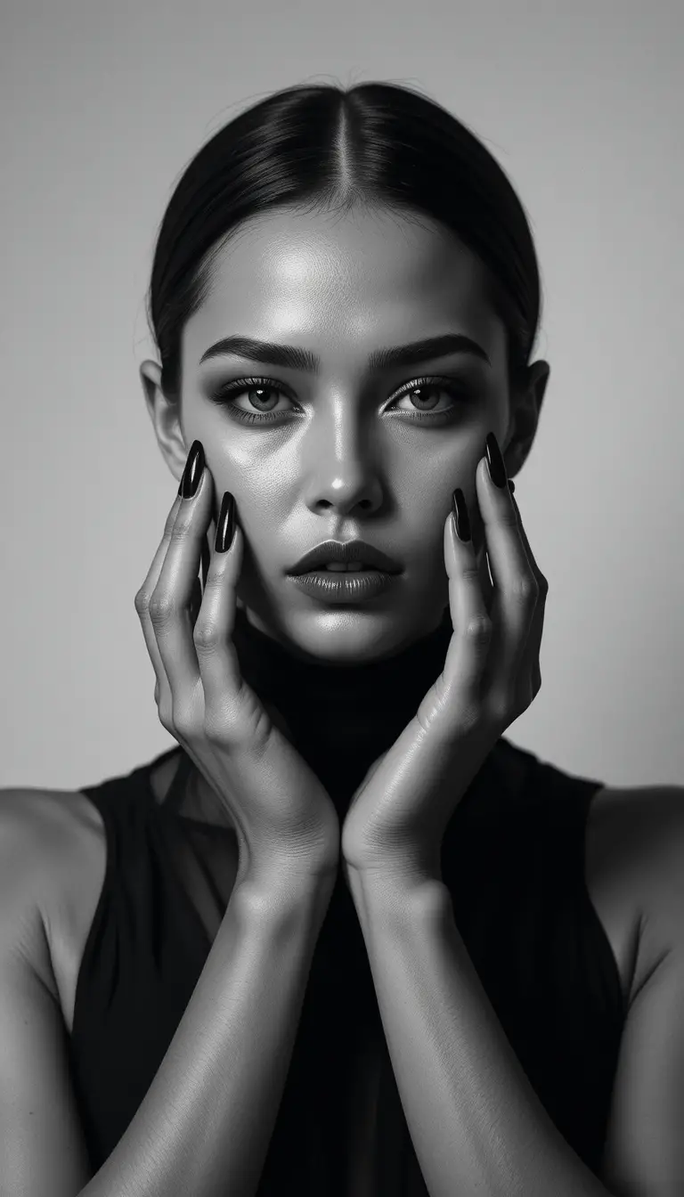 Grayscale portrait of a french woman framed by her hands