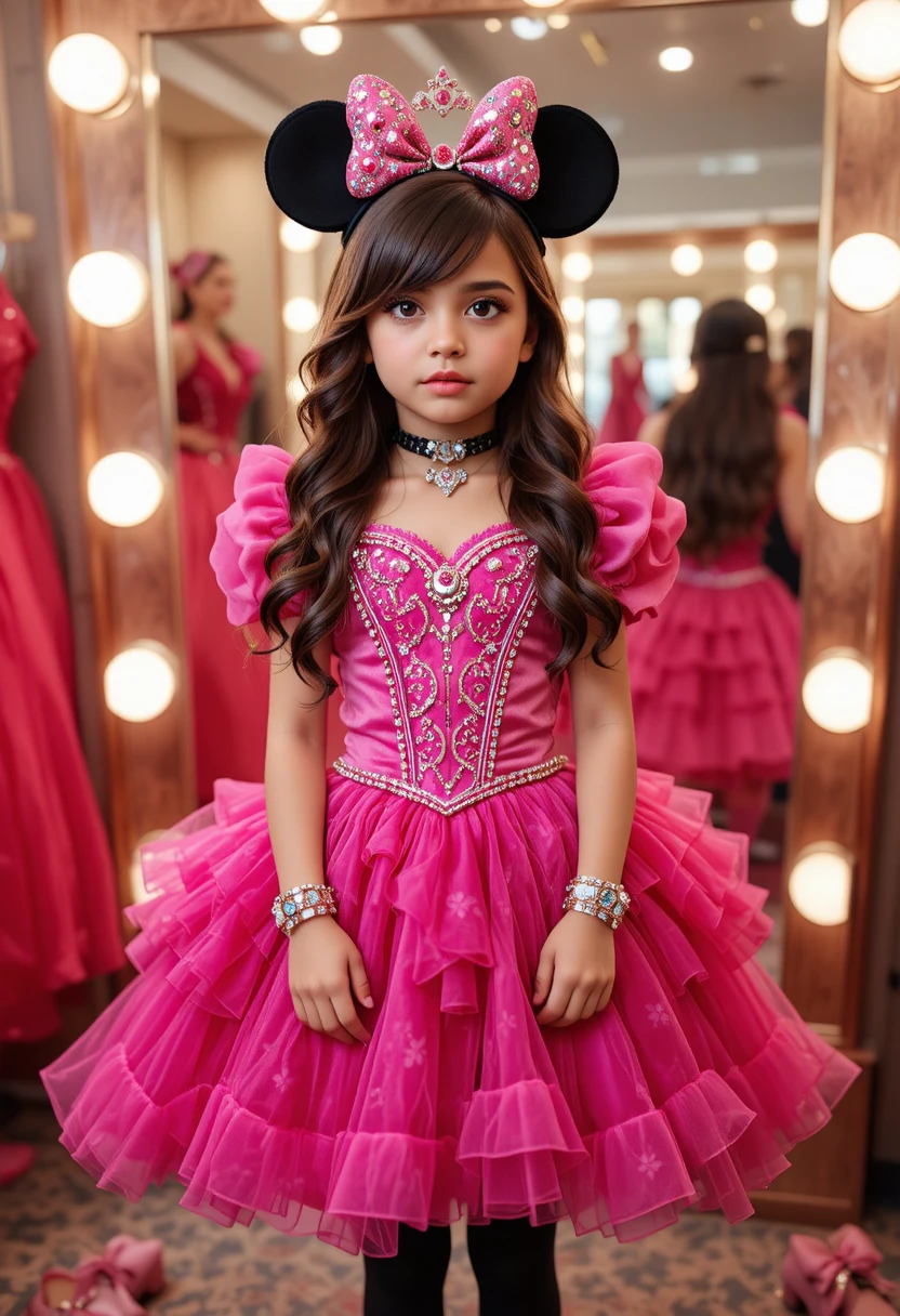 Nervous boy in pink princess outfit posing in dress shop