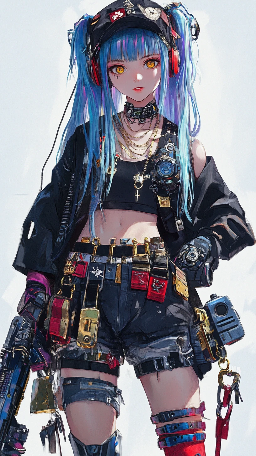 Ragazza anime dai capelli blu con cinture e mani bendate
