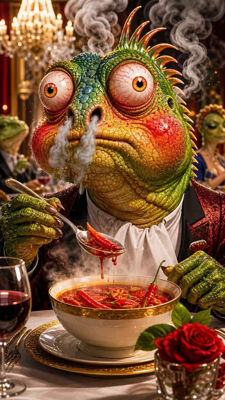 Cartoon-Iguana, die in einem edlen Restaurant mit scharfer Suppe kämpft