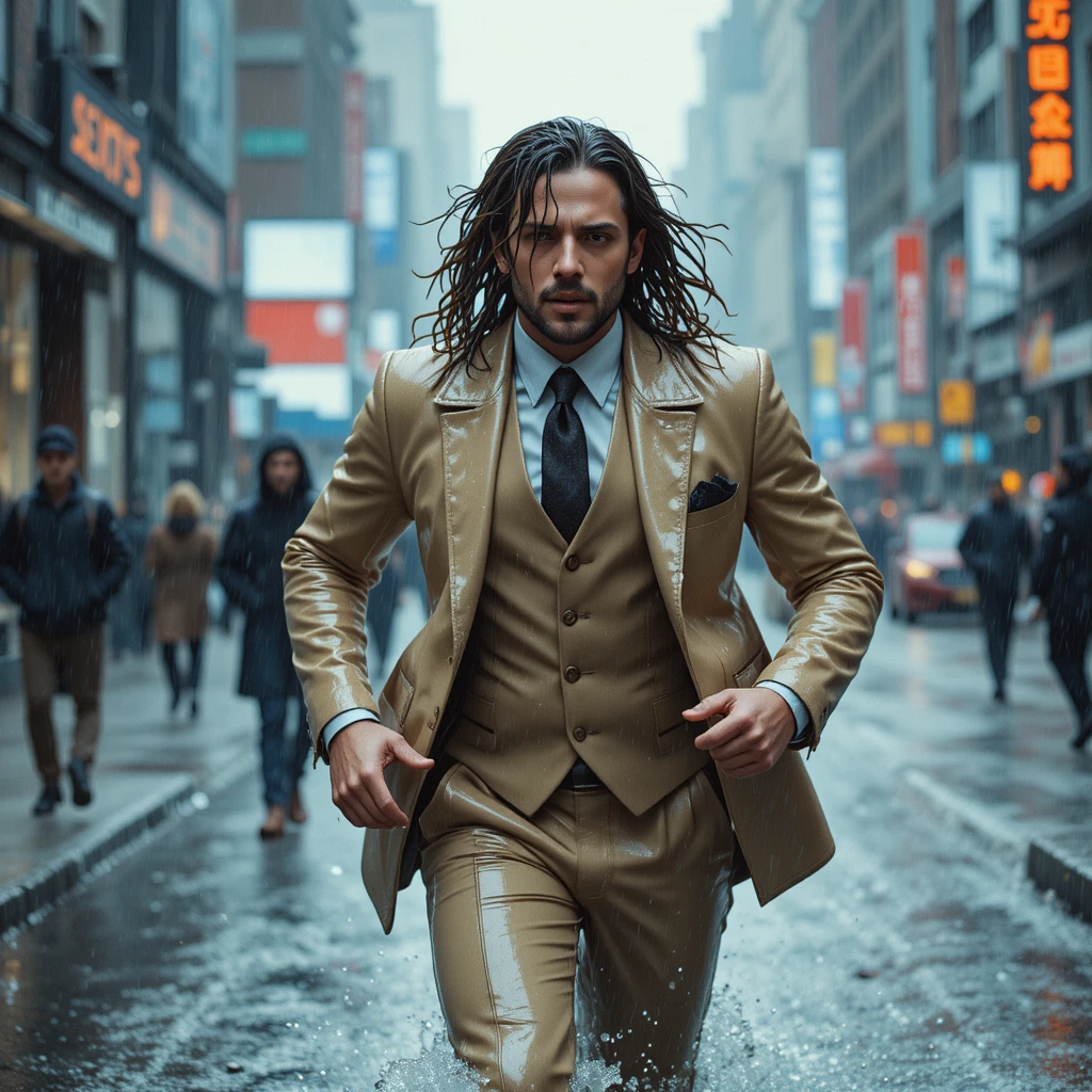 Man running through heavy city rain in beige leather suit