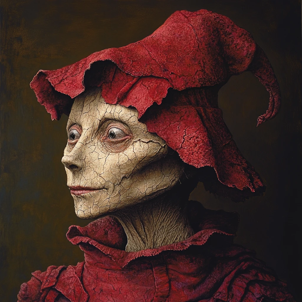 Melancholischer Golem mit roter kindlicher Wintermütze