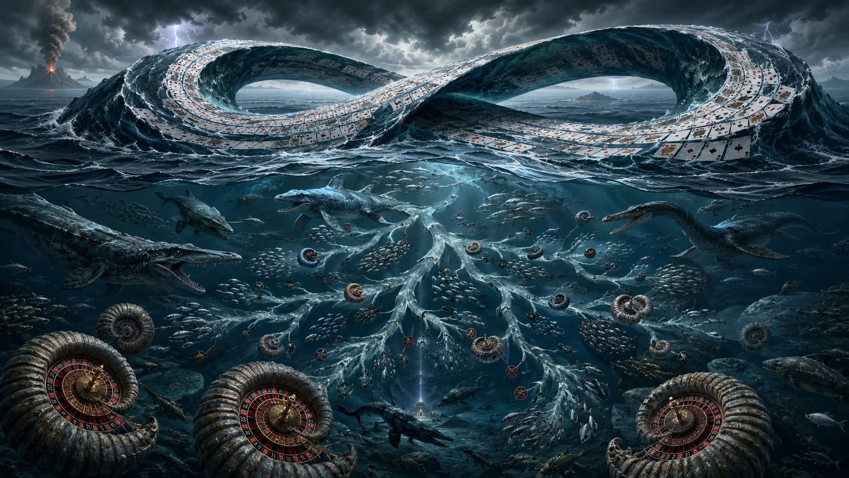 Répteis marinhos pré-históricos caçando em um oceano tempestuoso e surreal