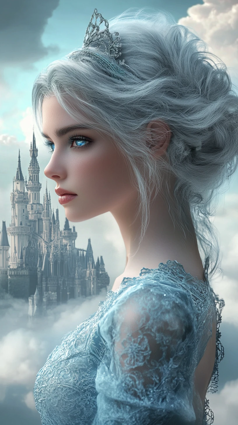 Fille aux cheveux argentés en robe bleue devant un château flottant fantastique