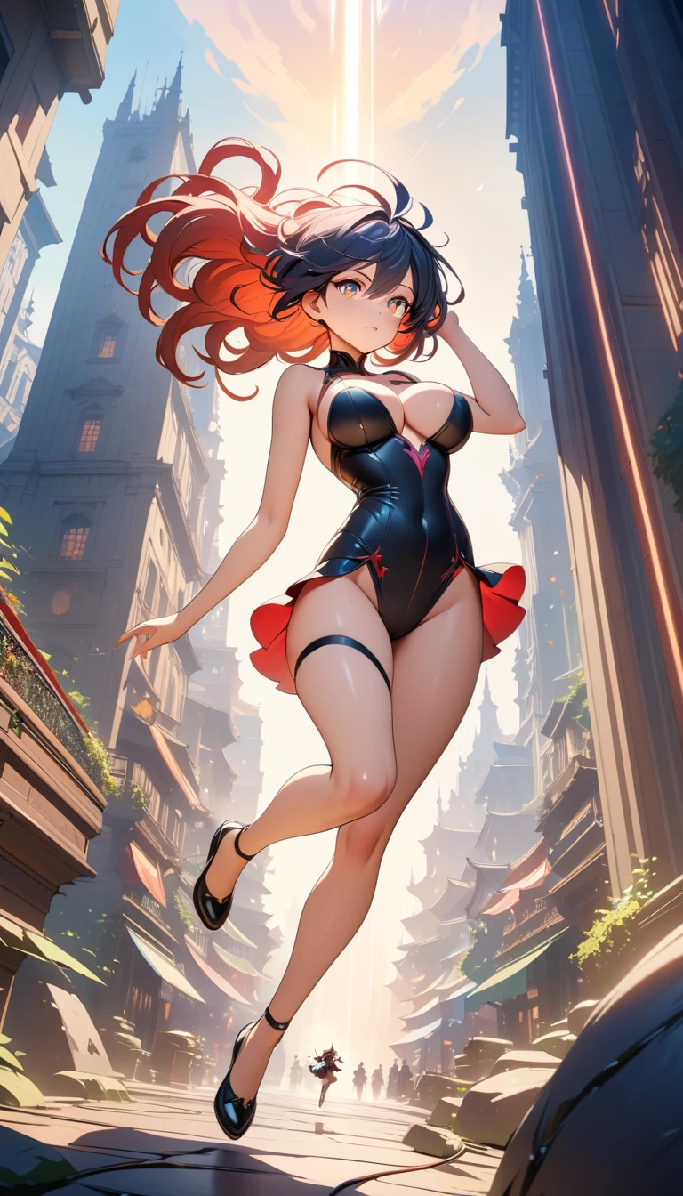 Anime woman leaping from a city rooftop through the open sky
