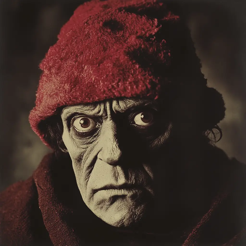 Innocent creature in red winter hat close up portrait