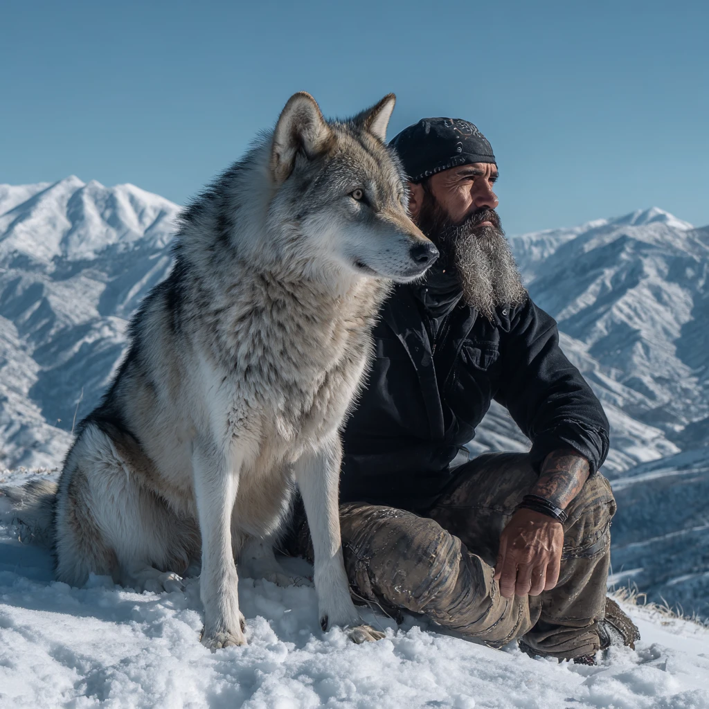 Homem descansando em crista nevada com um lobo majestoso