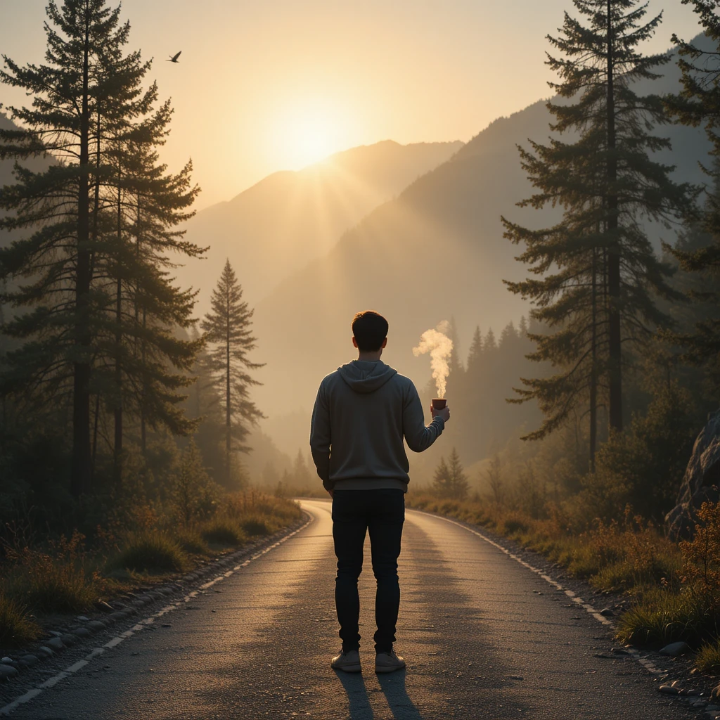 Man with morning coffee on a quiet mountain road