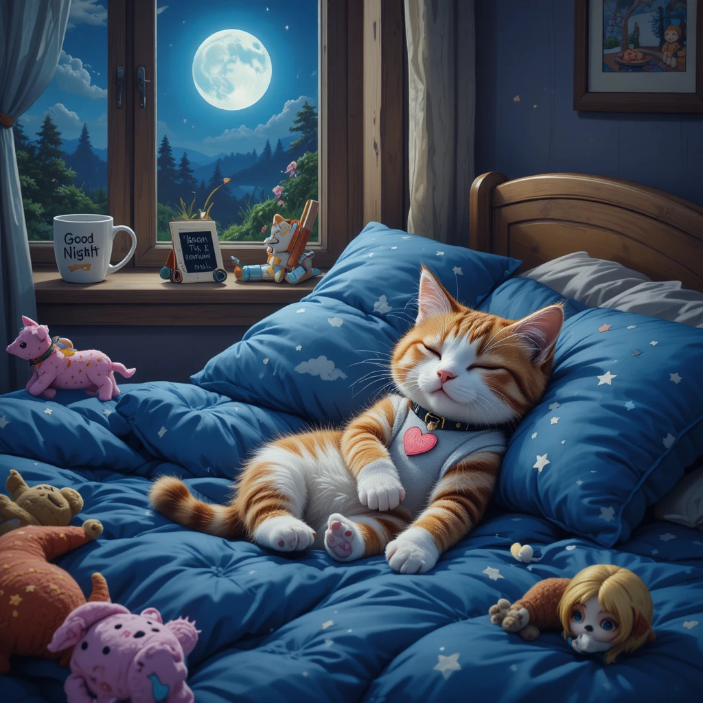 Adorable chaton dormant sur un grand lit au clair de lune