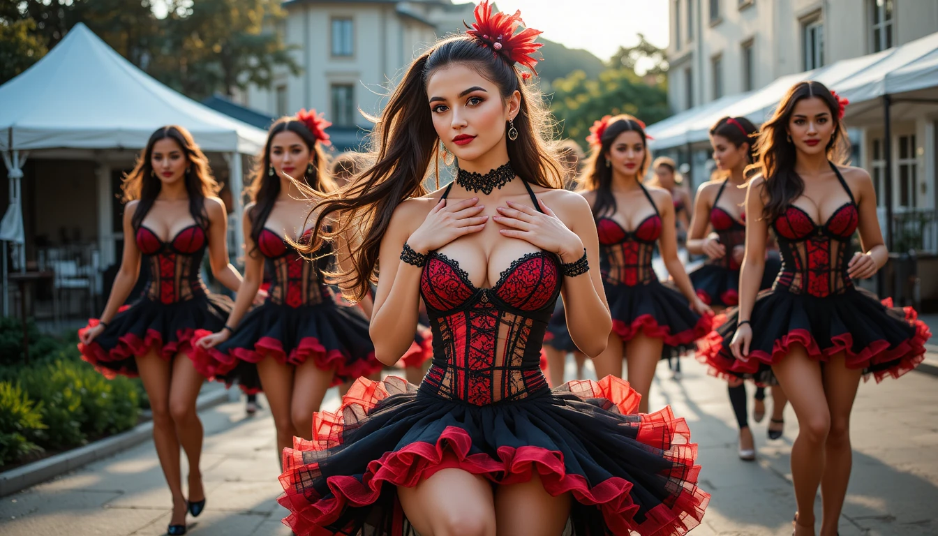 日中の屋外ステージで踊るカンカンダンサー