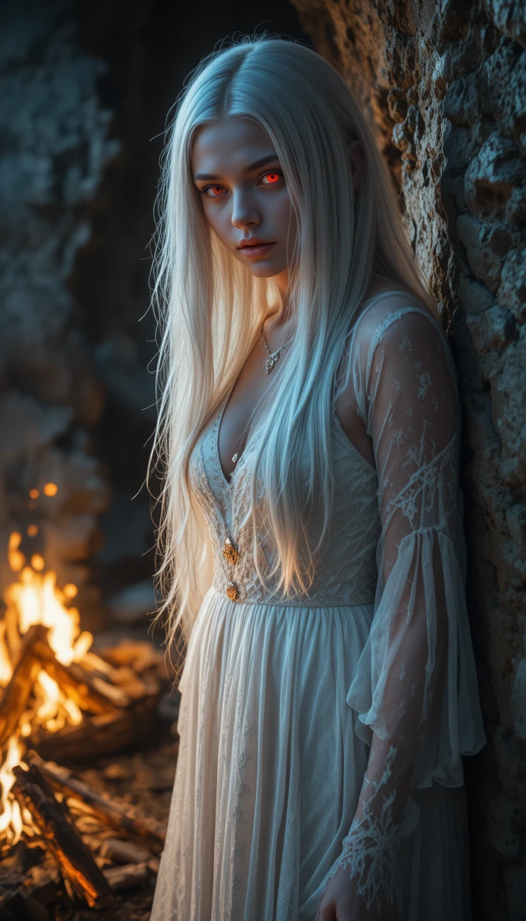 White haired vampire woman by a campfire in a cave