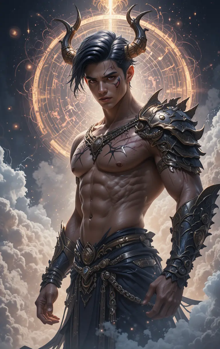 Demonic warrior man with chains in dark anime armor