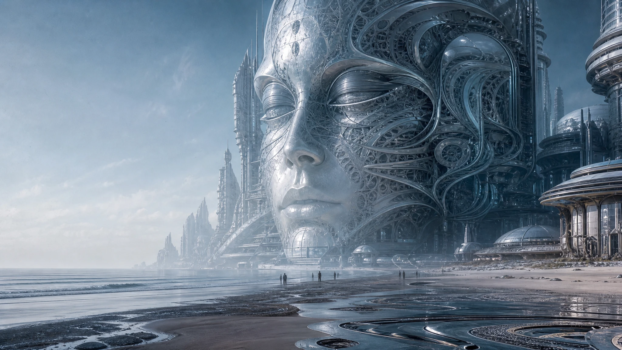 Rosto futurista surreal erguendo-se acima das areias cintilantes do deserto