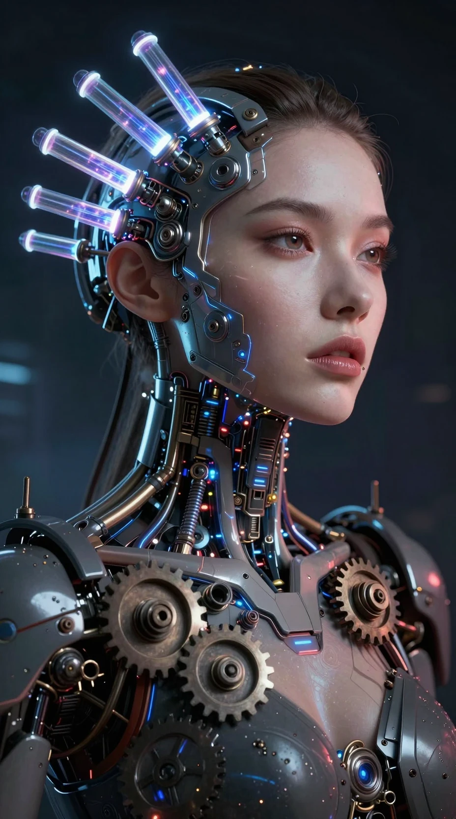 Cybernetic european woman fused with glowing futuristic machinery