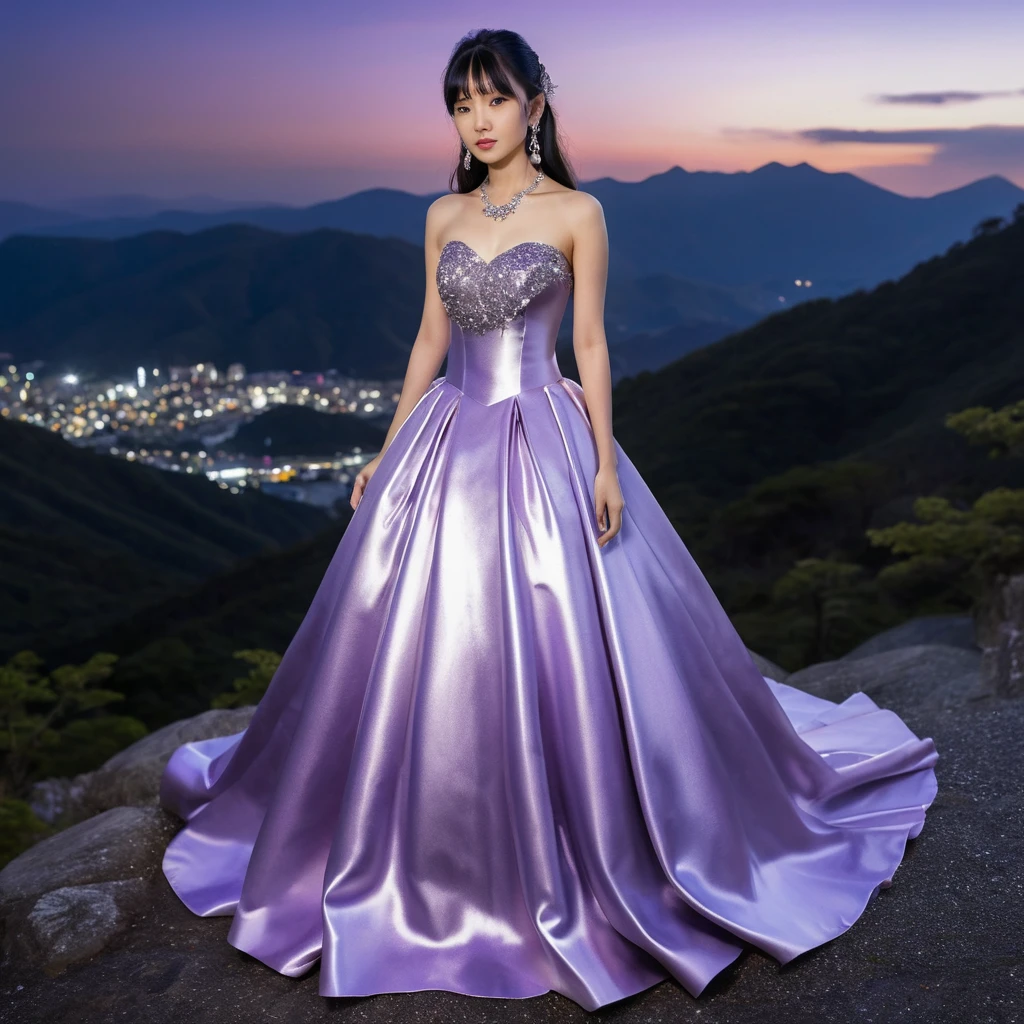 Elegantes Mädchen im violetten Satinkleid in der Bergnacht
