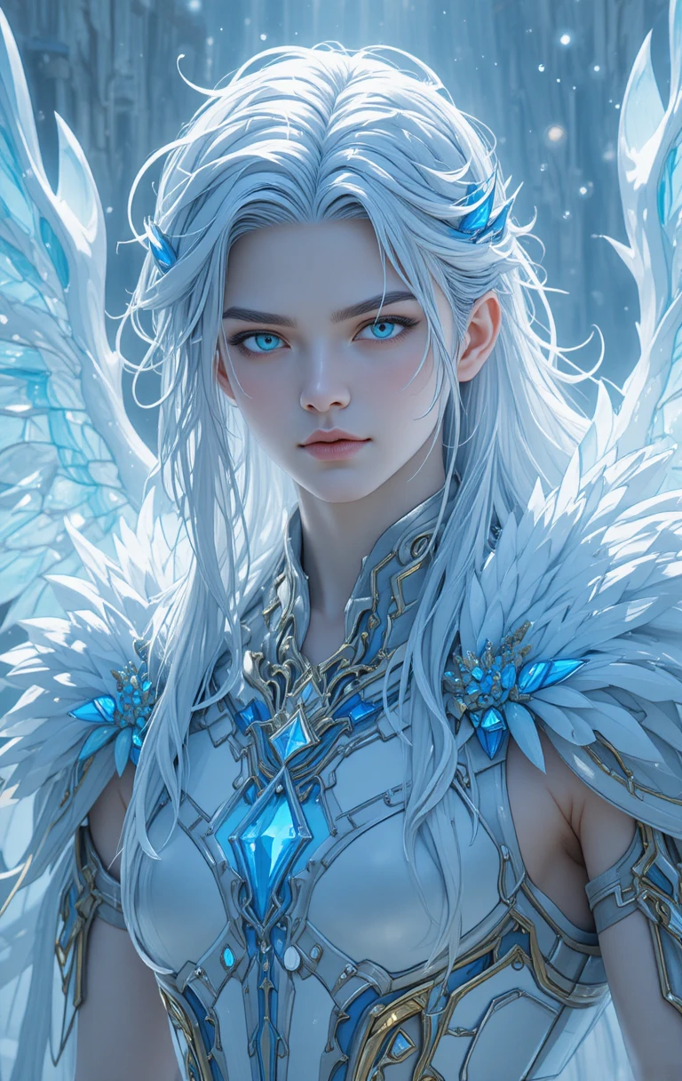 Guerreira valquíria de gelo com asas de fênix em estilo anime