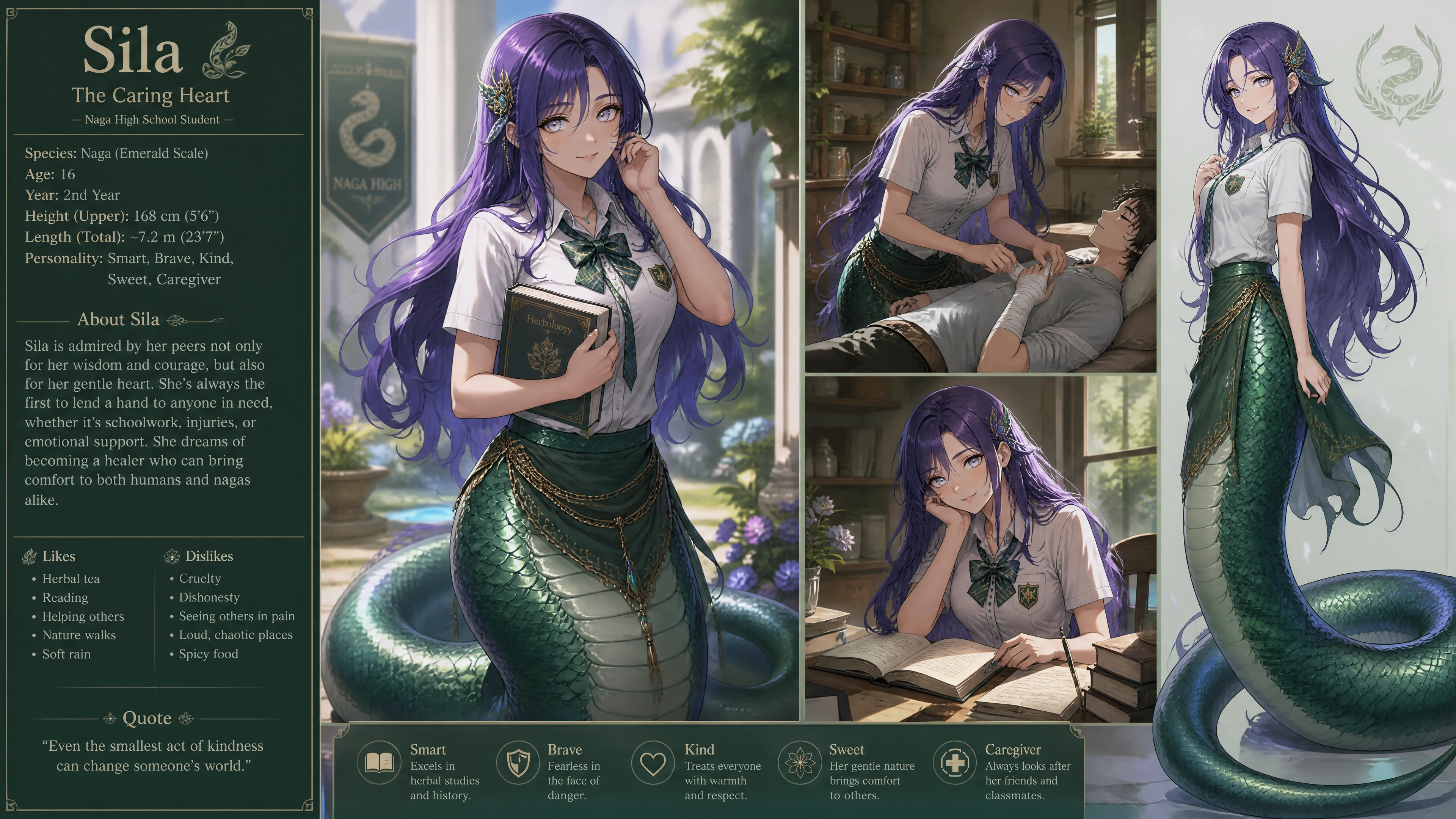 Studentessa naga dalle scaglie smeraldo con lunghi capelli viola-blu